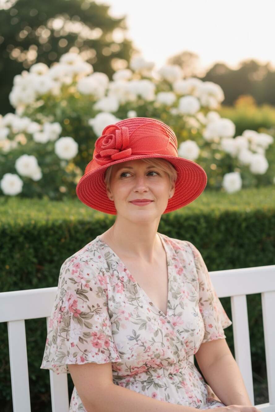 Betmar New York Red Straw Pillbox Hat with Flower and Veil Style M224